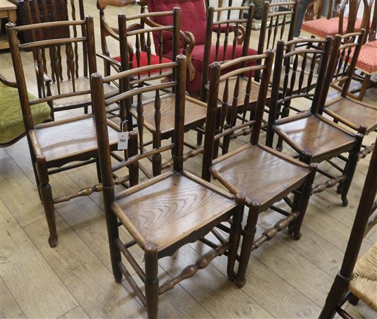 A harlequin set of eight 19th century ash spindleback chairs